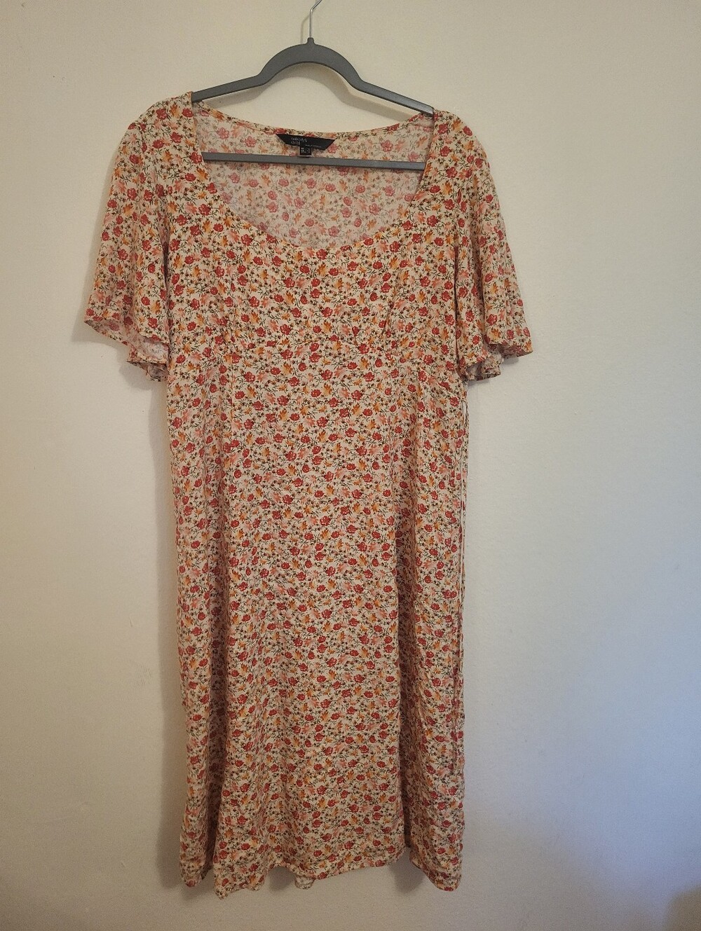 Nobody's Child Cream Floral Midi Dress with Coral and Orange Accents